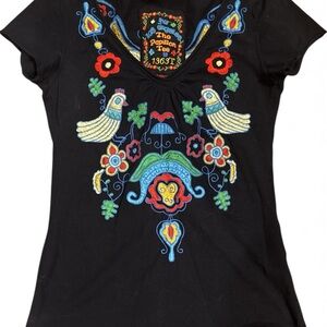 Johnny Was navy Tee with Colorful Embroidery
